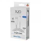 X2O USB-A til USB-C Kabel Longlife 60W 0.5m Hvid