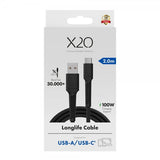 X2O USB-A til USB-C Kabel Longlife 60W 2m Sort