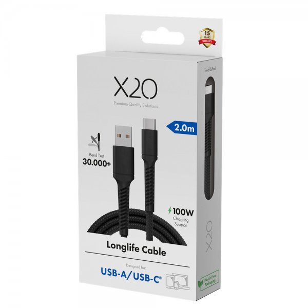 X2O USB-A til USB-C Kabel Longlife 60W 2m Sort