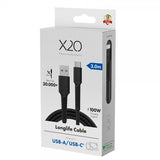 X2O USB-A til USB-C Kabel Longlife 60W 3m Sort