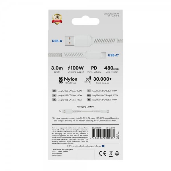 X2O USB-A til USB-C Kabel Longlife 60W 3m Hvid