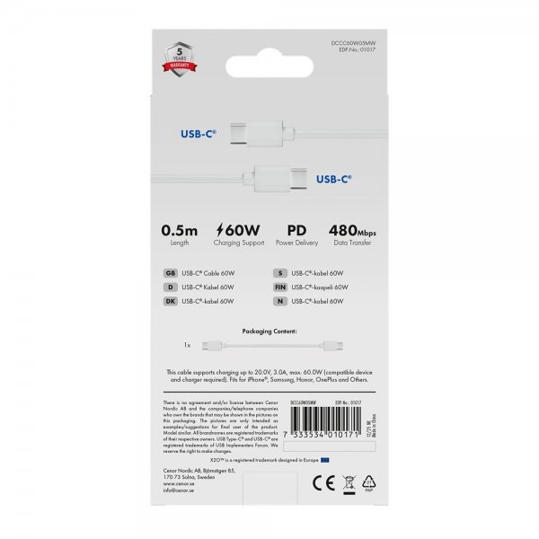 X2O USB-C til USB-C Kabel Basic 60W 0.5m Hvid