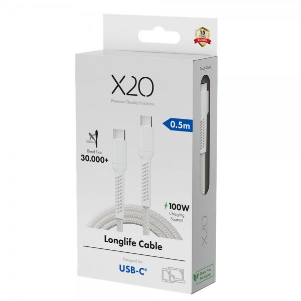 X2O USB-C til USB-C Kabel Longlife 100W 0.5m Hvid