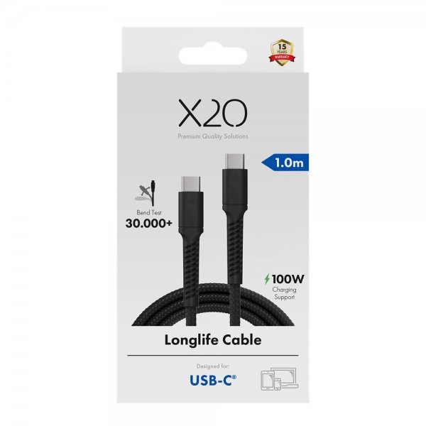 X2O USB-C til USB-C Kabel Longlife 100W 1m Sort