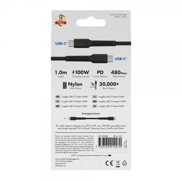 X2O USB-C til USB-C Kabel Longlife 100W 1m Sort