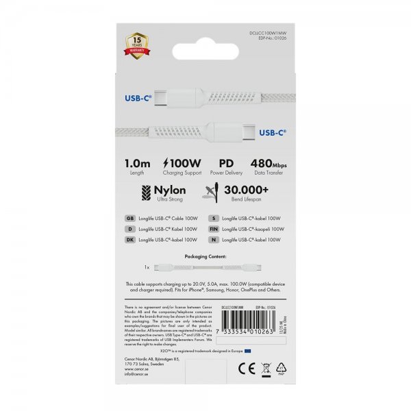 X2O USB-C til USB-C Kabel Longlife 100W 1m Hvid
