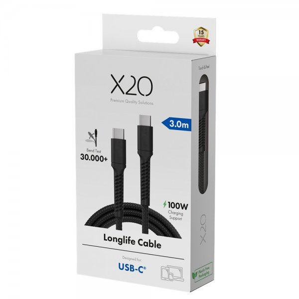 X2O USB-C til USB-C Kabel Longlife 100W 3m Sort