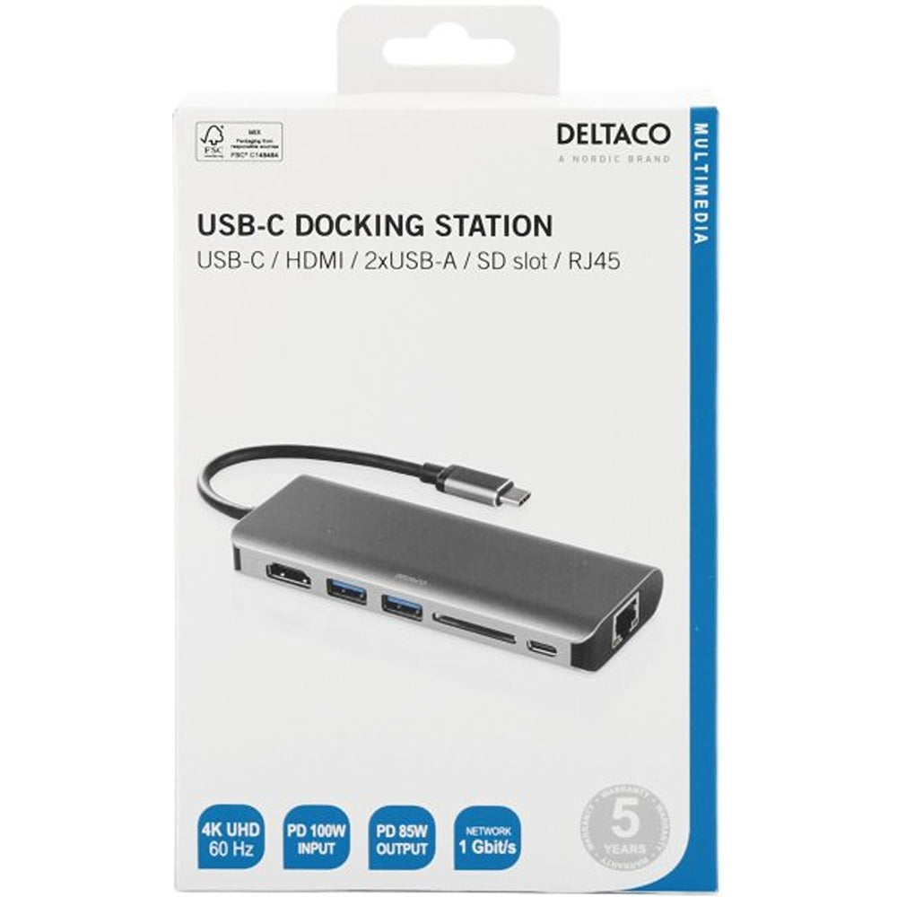 Deltaco Dockingstation USB-C med HDMI/RJ45/USB-A Space Grey