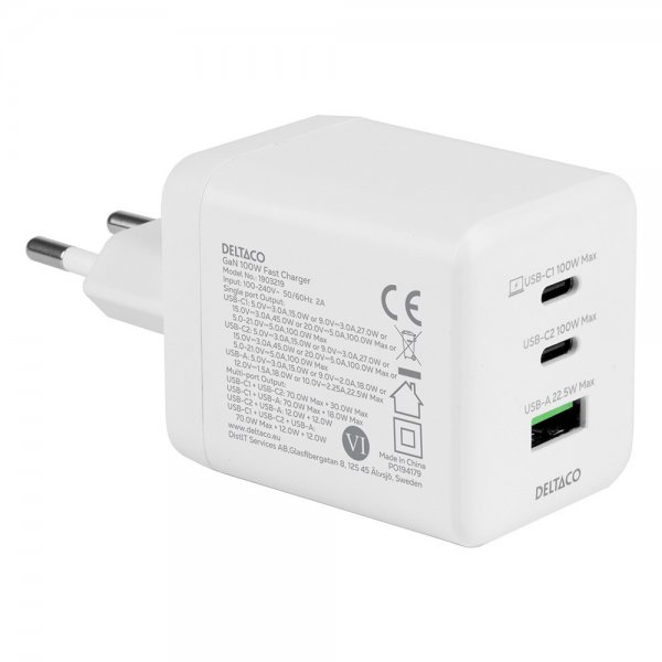 Deltaco Vægoplader GaN 1x USB-A 2x USB-C PPS 100W