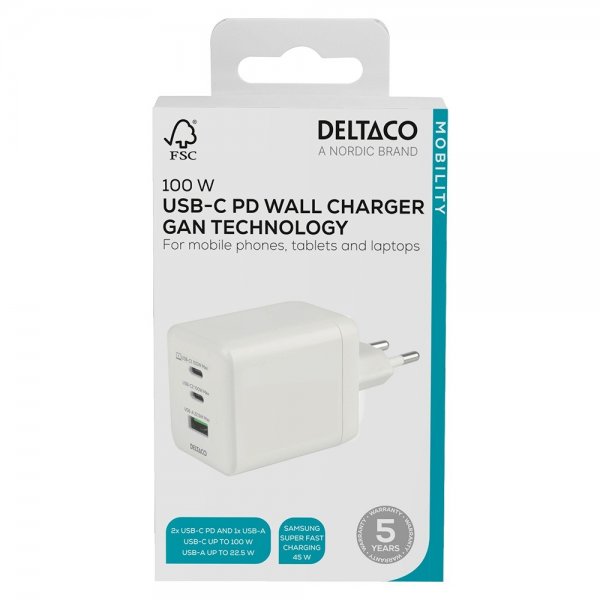 Deltaco Vægoplader GaN 1x USB-A 2x USB-C PPS 100W