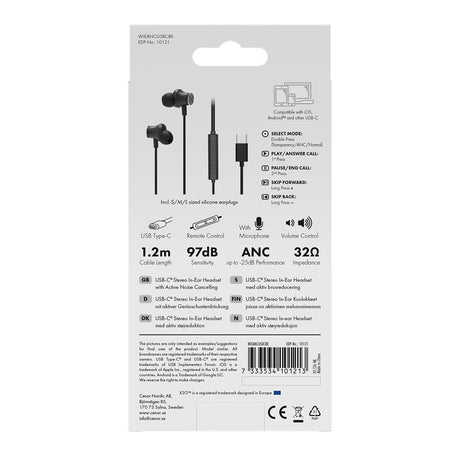 X2O Kablede Høretelefoner USB-C Silicone In-Ear ANC 1.2m Sort
