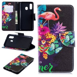 Samsung Galaxy A40 Plånboksetui PU-læder Motiv Flamingo och Blommor