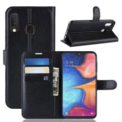 Samsung Galaxy A20E Plånboksetui Litchi PU-læder Sort