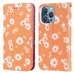 iPhone 13 Pro Etui Glitter Blomstermønster Orange