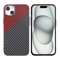 iPhone 15 Plus Cover Kulfibermønster Sort Rød