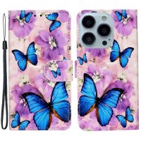 iPhone 15 Pro Etui Motiv Lilla Blomster Blå Sommerfugle