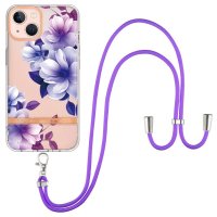 iPhone 15 Cover Blomstermønster Strop Lilla Begonia
