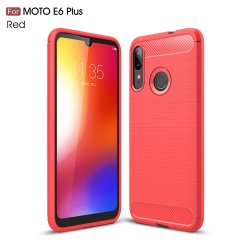 Motorola Moto E6 Plus Cover Børstet Kulfibertekstur Rød