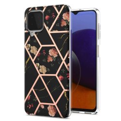 Samsung Galaxy A22 4G Cover Marmormønster Sort Blomster