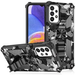 Samsung Galaxy A23 5G Cover med Metalplade Stativfunktion Camouflage Sort