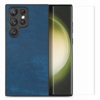 Samsung Galaxy S23 Ultra Cover med Skærmbeskyttelse Lædertekstur Blå
