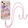 iPhone 15 Plus Cover Blomstermønster Strop Lilla Pion