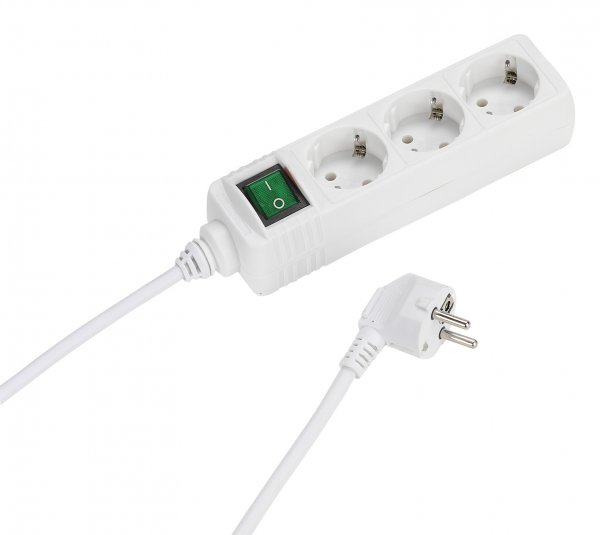 3-vejs strømstik med switch 3m Hvid
