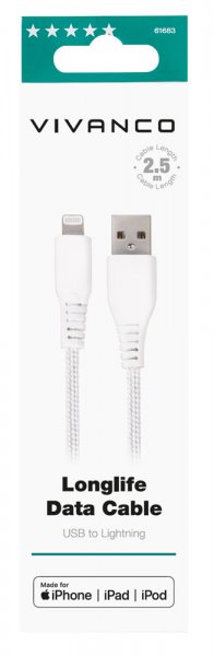Kabel Longlife Braided USB-A/Lightning 2.5m Hvid