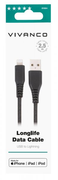 Kabel Longlife Braided USB-A/Lightning 2.5m Sort