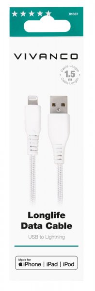Kabel Longlife Braided USB-A/Lightning 1.5m Hvid