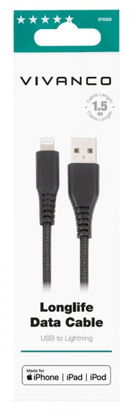 Kabel Longlife Braided USB-A/Lightning 1.5m Sort