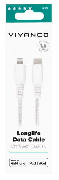 Kabel Longlife Braided USB-C/Lightning 1.5m Hvid