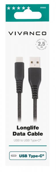 Kabel Longlife Braided USB-A/USB-C 2.5m Sort