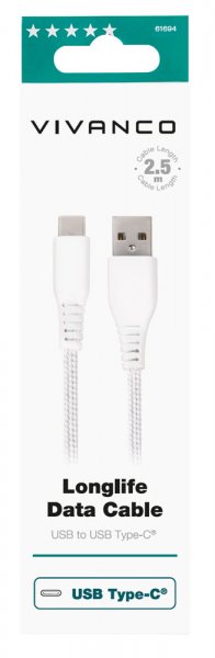 Kabel Longlife Braided USB-A/USB-C 2.5m Hvid