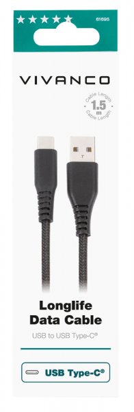 Kabel Longlife Braided USB-A/USB-C 1.5m Sort