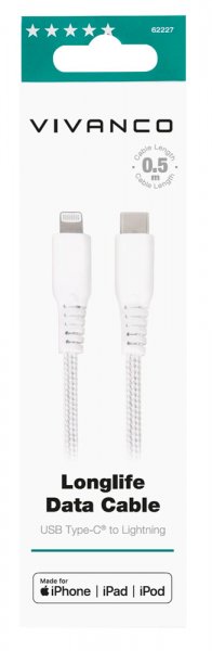 Kabel Longlife Braided USB-C/Lightning 0.5m Hvid