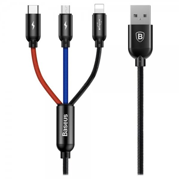 3-i-ett Kabel 3.5A Micro USB. Type-C. Lightning 1.2 m Trefärgad Sort
