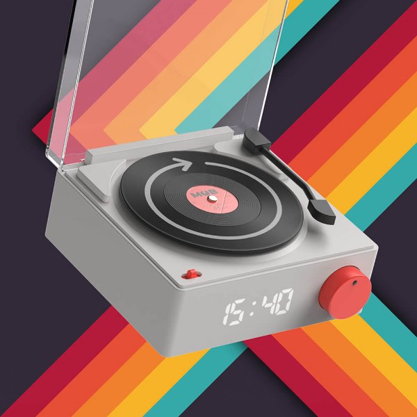 Højttaler vækkeur vinyl retro grå