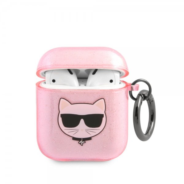 AirPods 1/2 Cover Embossed Choupette Glitter Lyserød