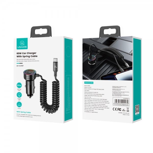 Biloplader 60W Car Charger with Spring Cable