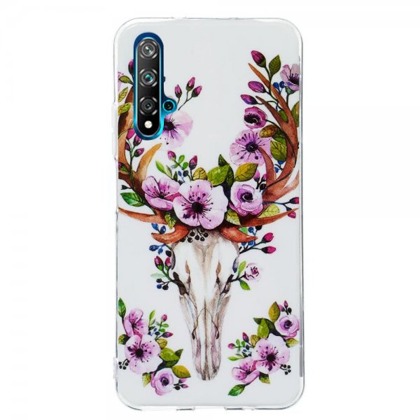 Huawei Nova 5T Cover Selvlysende Motiv Hjort med Blommor