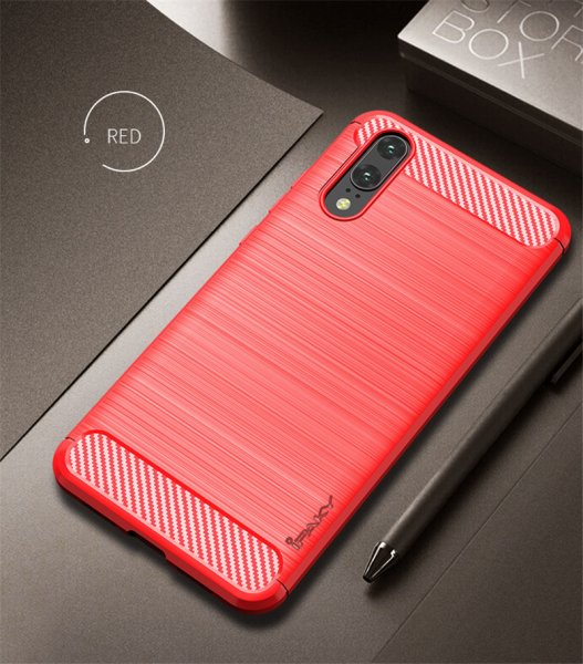 Huawei P20 Pro Cover Børstet Kulfibertekstur Rød