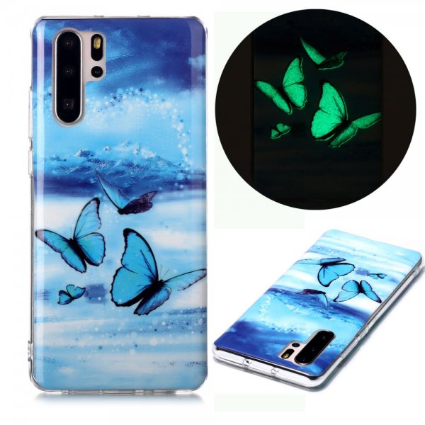 Huawei P30 Pro Cover Selvlysende Motiv Blåa Fjärilar