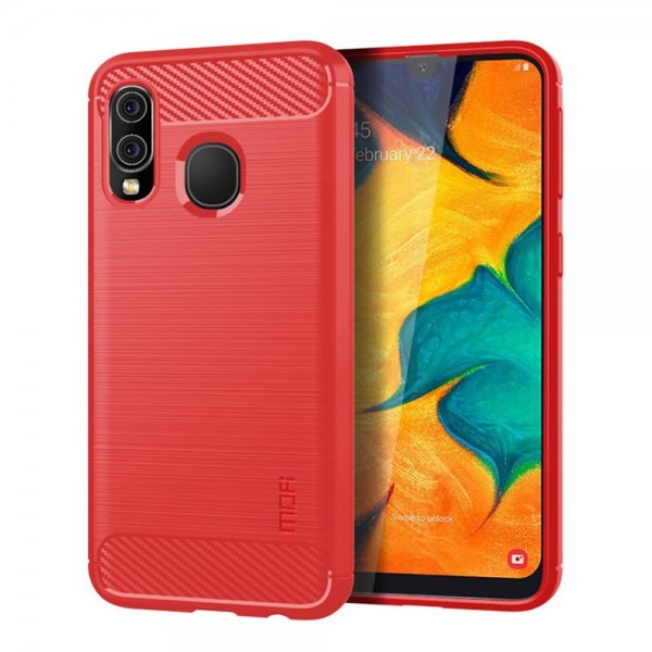 Samsung Galaxy A40 Cover Børstet Kulfibertekstur TPU Rød