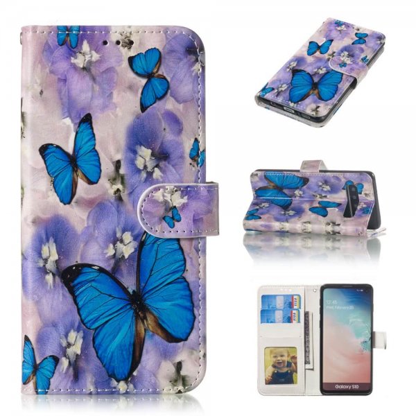 Samsung Galaxy S10 Plånboksetui Kortholder Motiv Blåa Fjärilar och Blommor