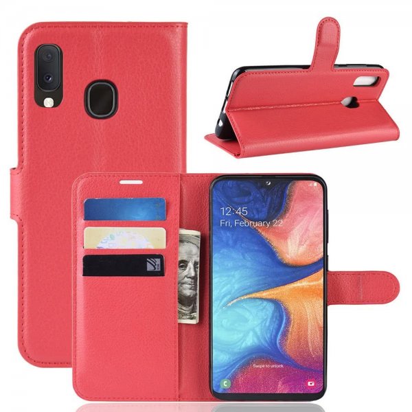 Samsung Galaxy A20E Plånboksetui Litchi PU-læder Rød