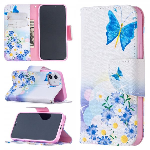 iPhone 12 Mini Etui Motiv Blå Fjäril och Blommor