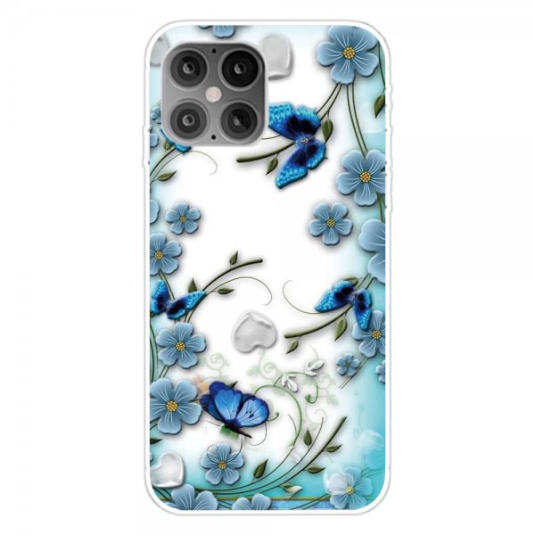 iPhone 12 Mini Cover Motiv Blå Fjärilar och Blommor