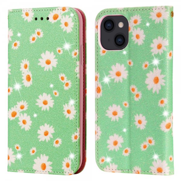 iPhone 13 Etui Glitter Blomstermønster Grøn