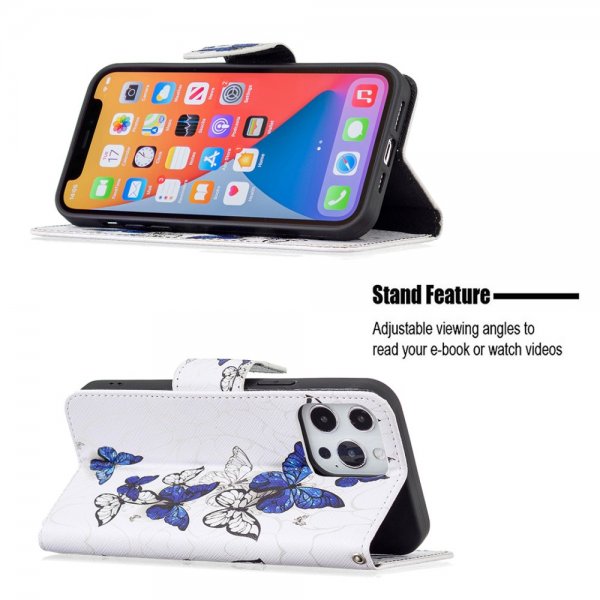 iPhone 13 Pro Etui Motiv Blå Og Hvide Sommerfugle.
